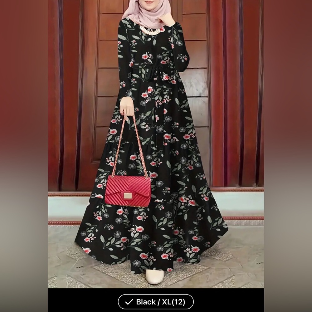 Elegant Floral Kaftan Dress for Women - Long Sleeve, Tie-Waist Design, Maxi